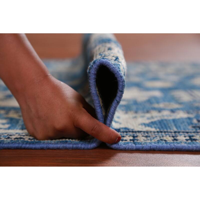 Hand Knotted Oriental 100% Wool Carpet Transitional All-Over Navy Blue & Blues Oushak Runner Rug - 16' 7'' X 2' 7''