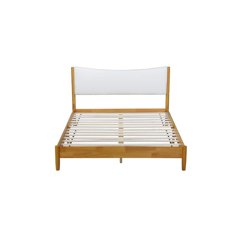 Natural Queen Size Wooden Platform Bed with Velvet Cushion Headboard