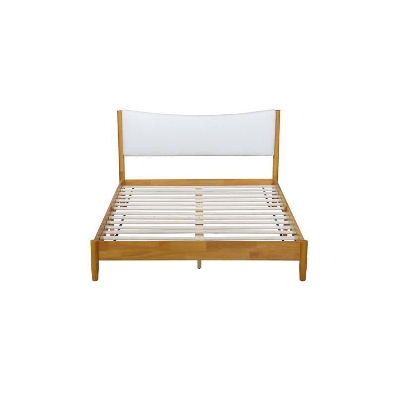 Queen Size Solid Rubber Wooden Bed with Upholstered Headboard, Beech White