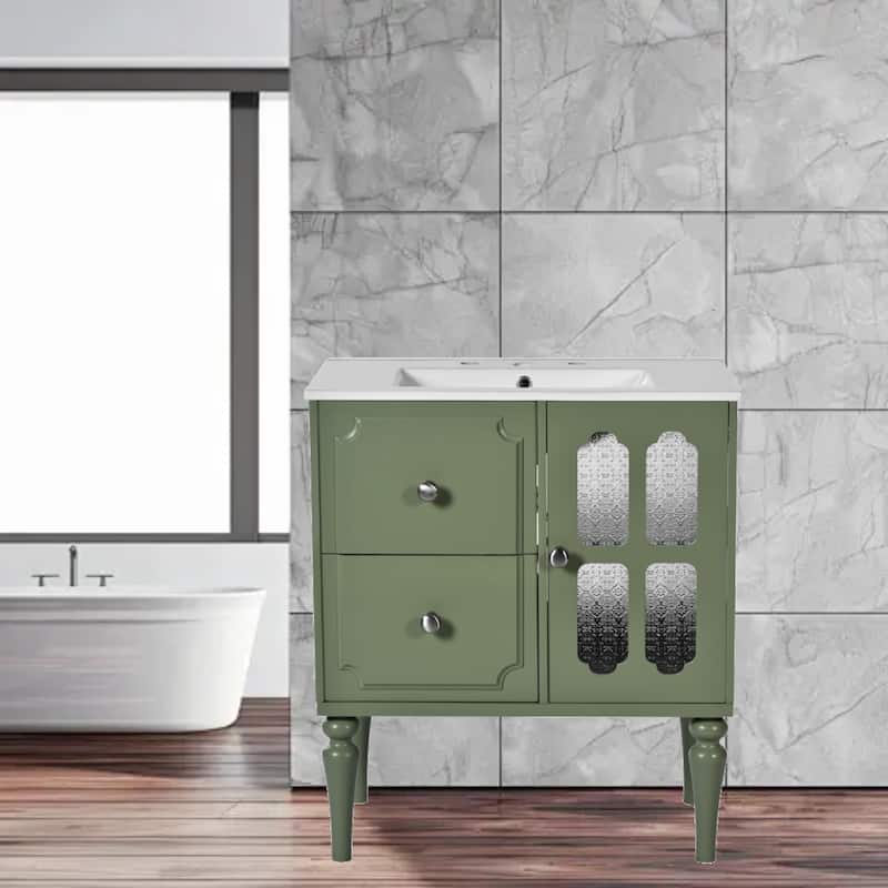 Freestanding 30" Retro Green Bathroom Vanity with Ceramic Sink, Solid Wood Frame & 2 Drawers - Green