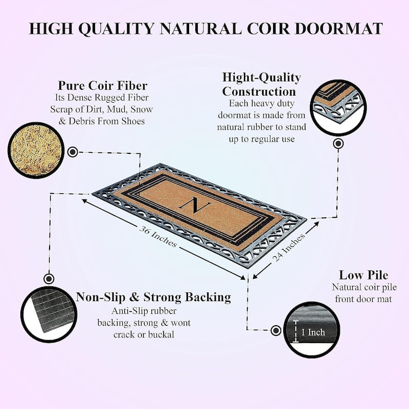 A1HC Natural Coir & Rubber Monogrammed Entrance Door Mats, Non-Slip, Flock Doormat, Thin-Profile Indoor Outdoor Doormat 24"x36"