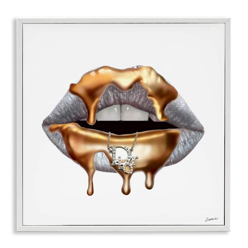 Stupell Glam Silver Lip Portrait Fashion With Gold Drip Framed Wall Art,12x12 - 24 x 24 - White