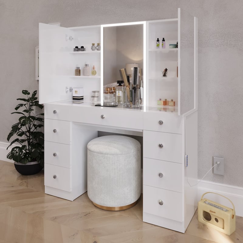 Boahaus w/Tri-Fold Lighted Makeup Vanity Desk With Glam Glass Top 9 Drawers Crystal knobs