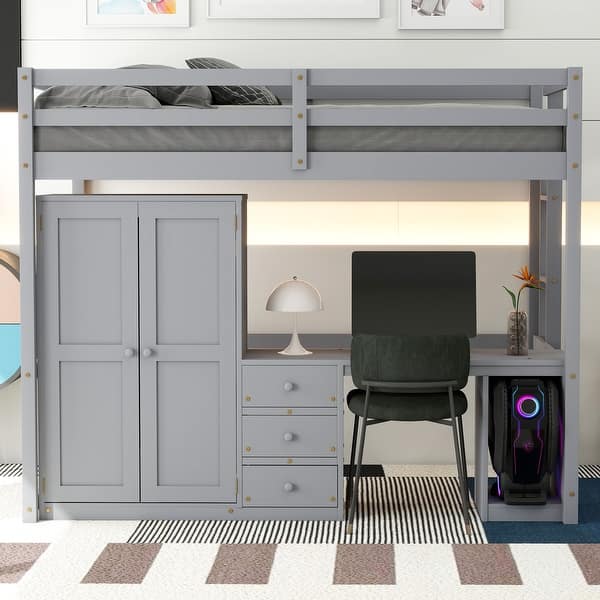 slide 2 of 17, Full Size Loft Bed with Integrated Wardrobe, Desk, and Storage Drawers, Space-Saving Grey
