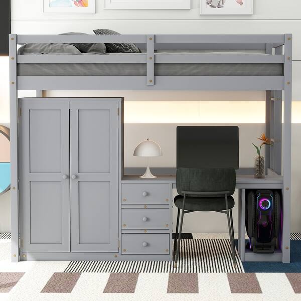slide 2 of 7, Full Size Loft Bed with Wardrobe,Desk and Storage Drawers Grey
