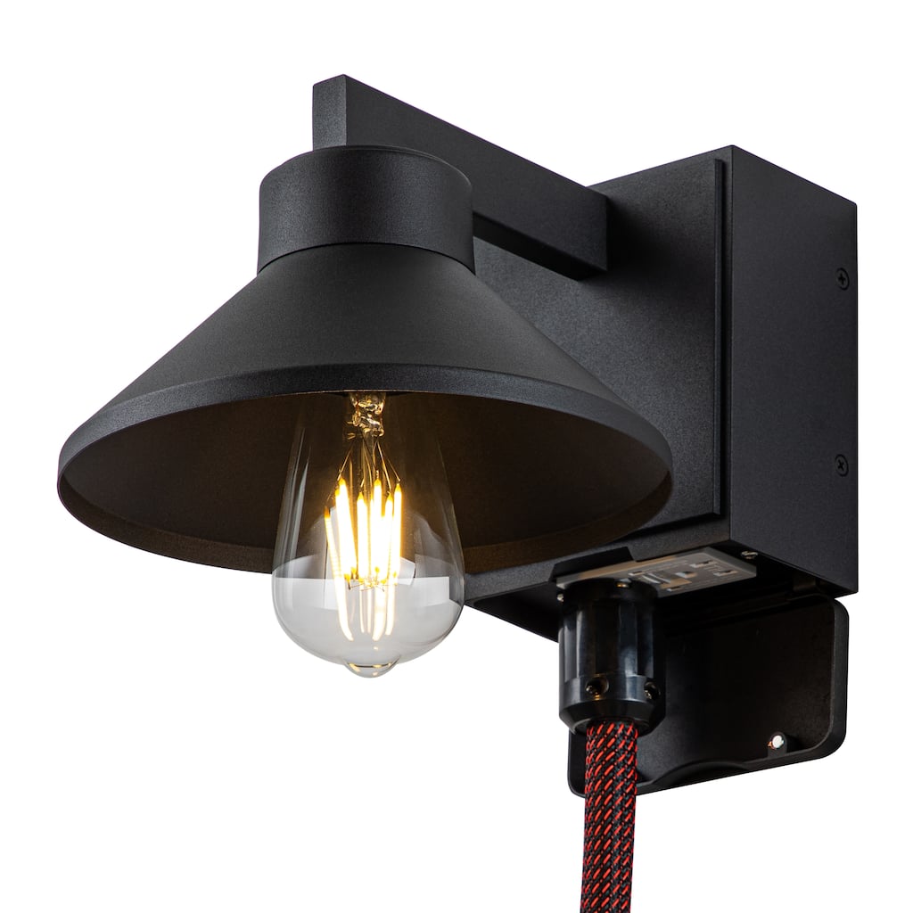 1-Light Matte Black Outdoor Barn Light Built-In GFCI Outlets