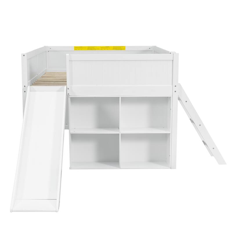 Roomfitters Full Low Loft Bed with Slide, Storage Shelves and Window Design