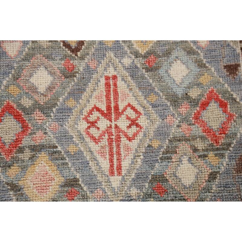 Hand Knotted Oriental 100% Wool Carpet Transitional Geometric Navy Blue & Blues Oushak Runner Rug - 12' 0'' X 3' 2''