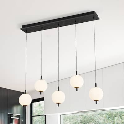 Modern 5-Light Kitchen Island Pendant with Ribbed Acrylic Globe Shade - Matte Black