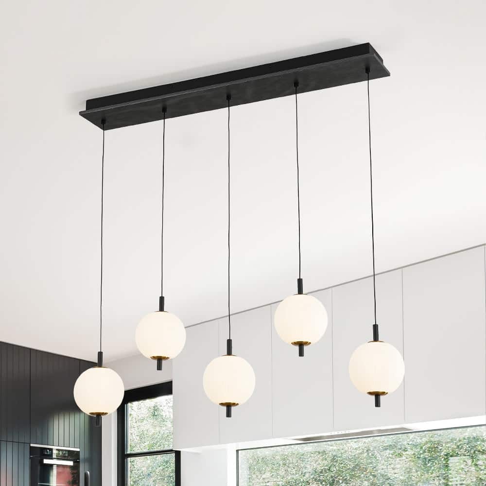 Modern 5-Light Kitchen Island Pendant with Ribbed Acrylic Globe Shade - Matte Black