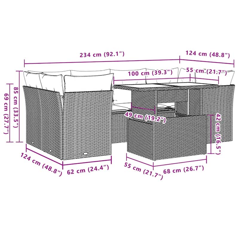 vidaXL Patio Sofa Set with Cushions Outdoor Furniture 7 Piece Poly Rattan - 21.7 x 39.4 x 28.7 in