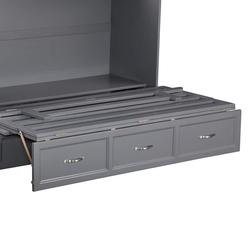 Deerfield Queen Murphy Bed Chest with 6" Mattress, Storage Drawer & Built-In Charger in Grey