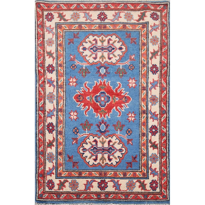 Geometric Blue Kazak Accent Rug Handmade Wool Carpet - 2'0" x 3'1"