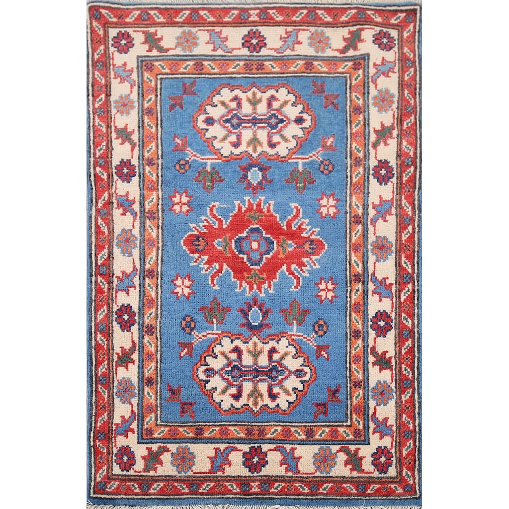 Geometric Blue Kazak Accent Rug Handmade Wool Carpet - 2'0" x 3'1"