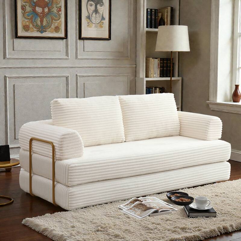 Convertible Sofa Bed Futon, Corduroy Folding Floor Couch with Pillows, Boneless Sleeper Mattress for Living Room