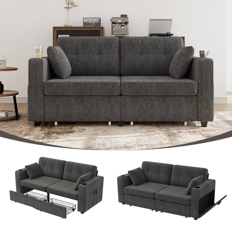 67.76" Chenille 3-Seater Sofa with USB Ports and Storage