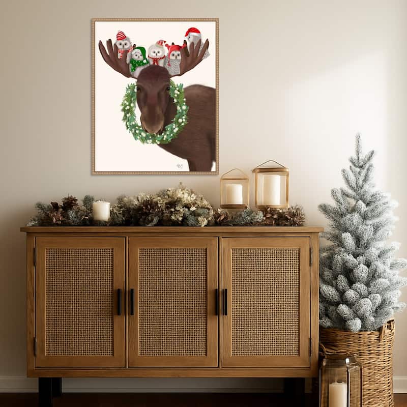 Christmas Moose and Christmas Owls by Fab Funky (23 x 28 in.), Framed Canvas Wall Art Print - Sylvie Beaded Rustic Natural