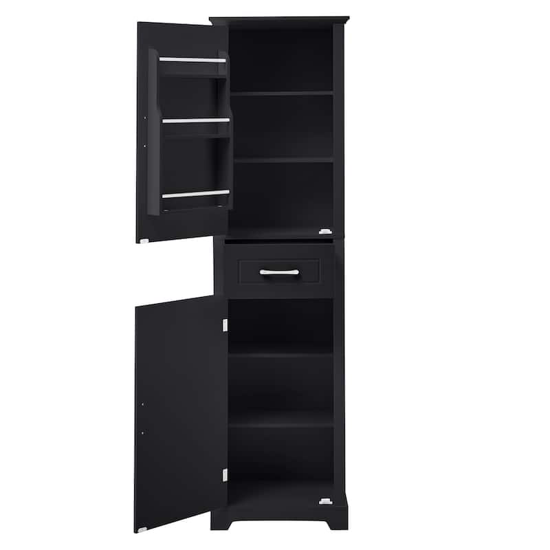 Roomfitters 63" Tall Bathroom Storage Cabinet, Freestanding Linen Tower with Door-Mounted Shelves and Drawer, Black