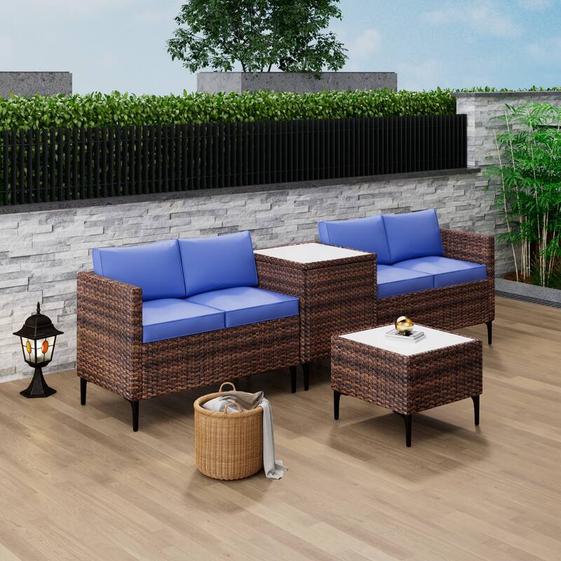 4-Piece Rattan Patio Set – Modular Sectional with Storage Box & Glass Table, Weather-Resistant for Outdoor Lounge,