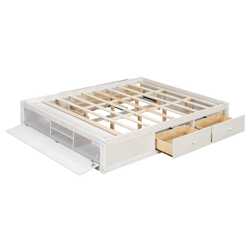 Queen Size Platform Bed Open Frame with Footboard Storage and 4 Drawers