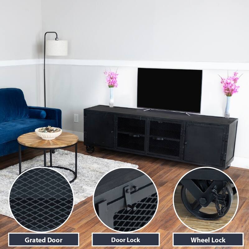 Industrial Black Metal TV Stand - 70.5" Entertainment Console with Storage, Grated Doors & Locking Wheels