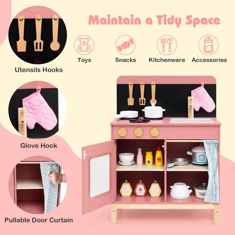 Gymax Play Kitchen for Kids w/ Door Curtain Stoves Sink & Oven