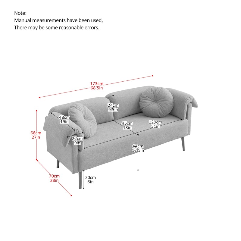 Compact 68.5" Faux Lamb Wool Sofa with Throw Pillows - Stylish Small Sofa for Apartment or Bedroom