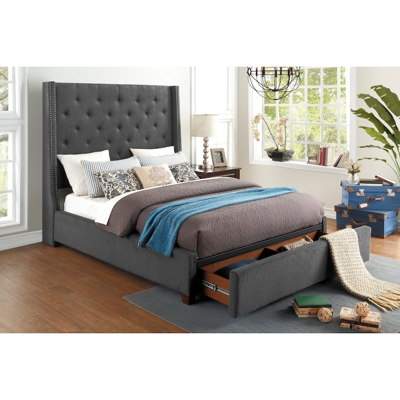 Matt Gray Fabric Upholstered Tufted Storage Platform Bed
