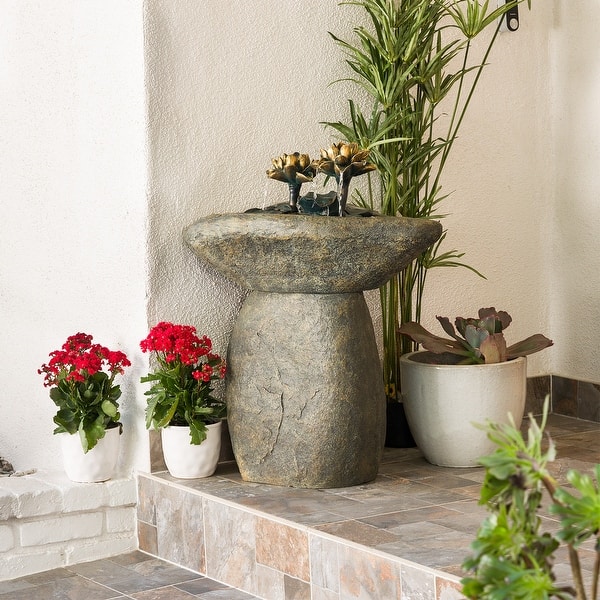 slide 2 of 12, Alpine Corporation 30" Tall Outdoor Pedestal Lotus Rock Waterfall Fountain with LED Lights