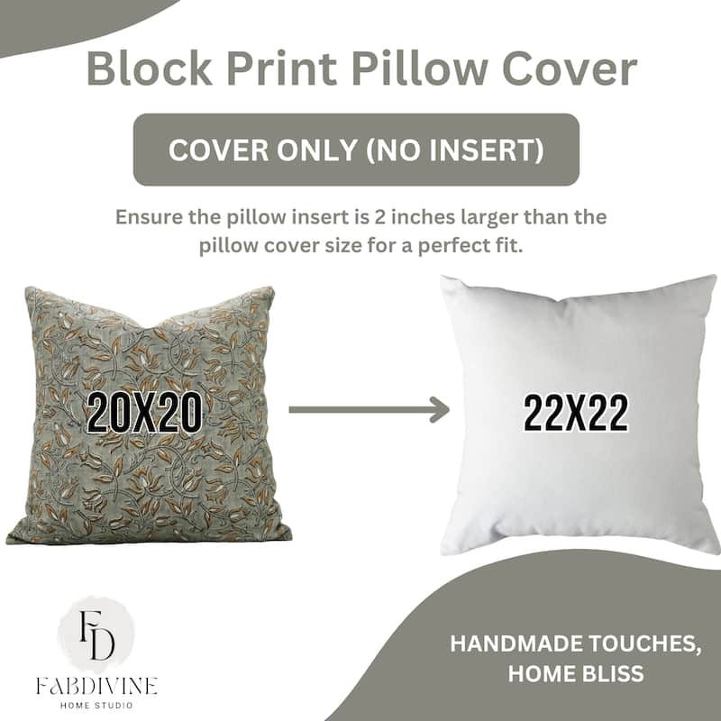 Fabdivine 12x20 Handmade Pure Linen Cushion Cover Floral Mustard Ideal for Sofa, Floral Block Print, Accent Décor, Bagru Buti