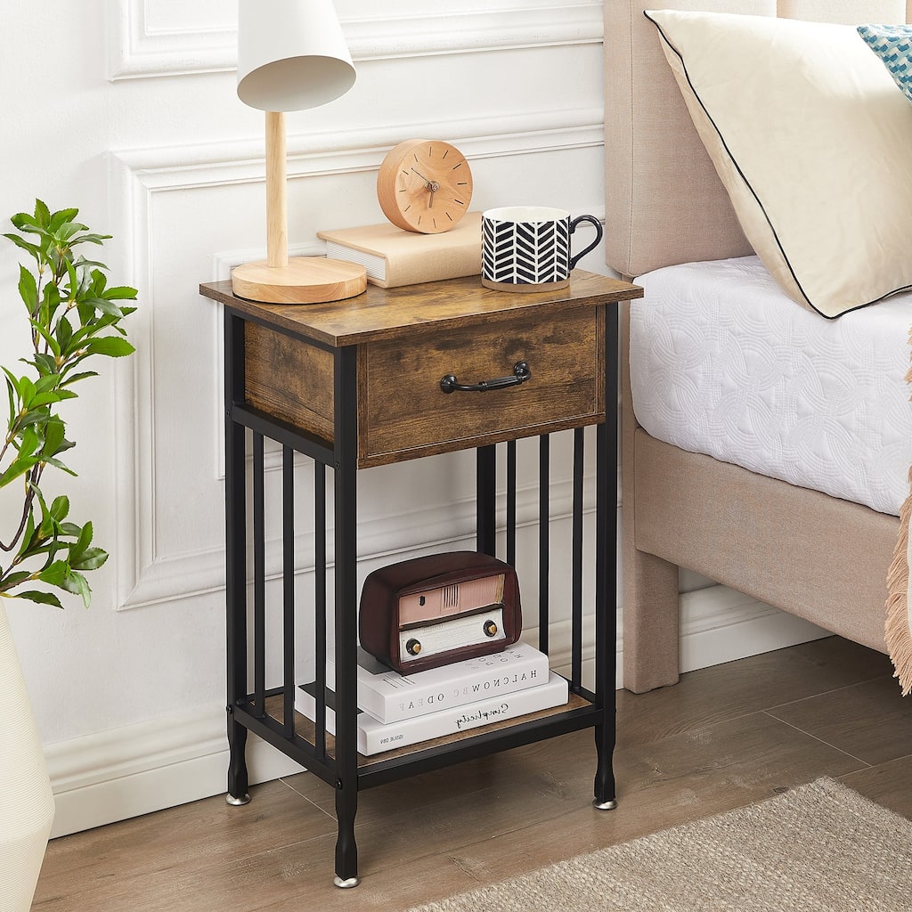 Javlergo Multi-Purpose Nightstand with Drawer Open Shelf Retro Handle for Bedroom Living Room Easy-to-Clean Nightstand