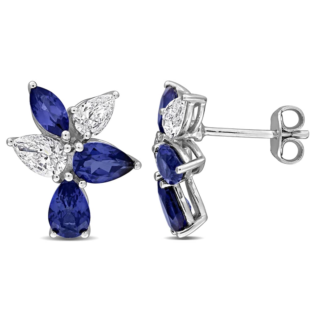 Miadora 3 3/4ct TGW Created Blue Sapphire 1ct TW Lab-Grown Diamond Earrings 18k White Gold
