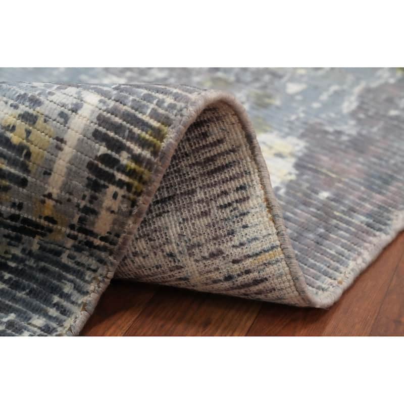 Hand Knotted Oriental Viscose Silk Carpet Modern All-Over Greys & Charcoal Abstract Area Rug - 7' 11'' X 5' 0''