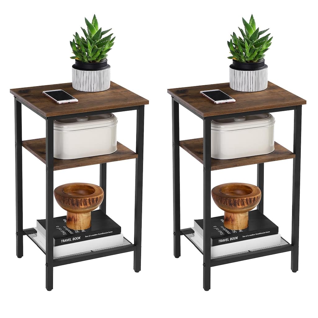 End Table Set of 2, 3-Tier Nightstands, Side Table for Small Space in Living Room, Bedroom, Steel Frame 2-Pack, Chestnut Brown
