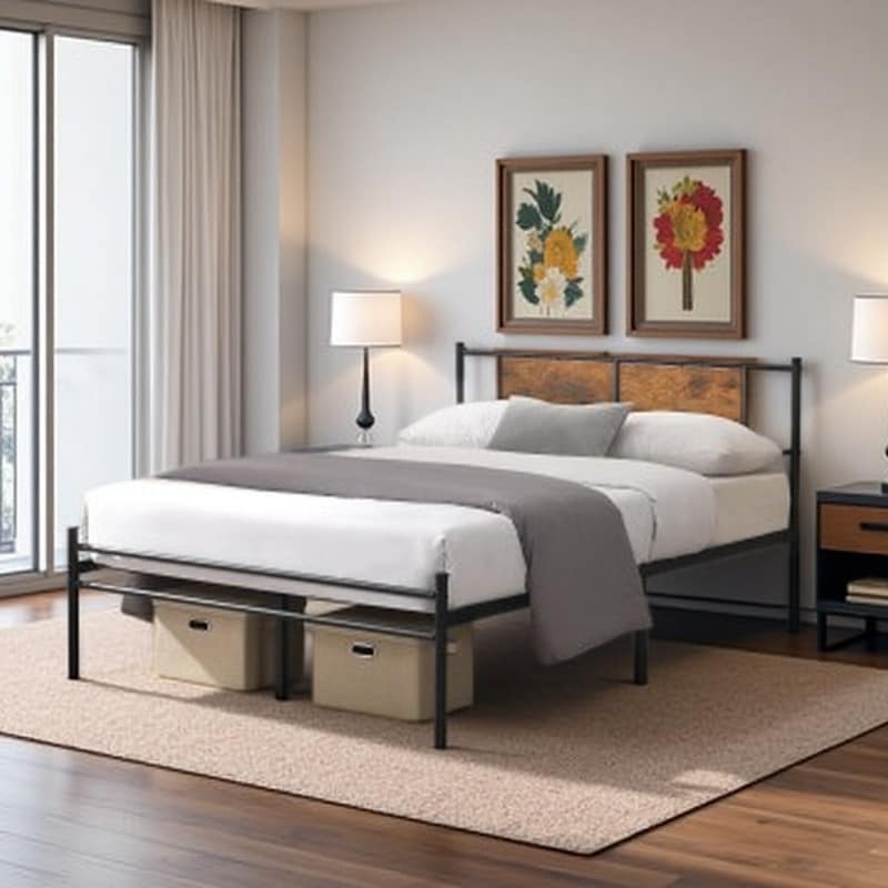 King Metal Platform Bed with Wood Headboard, Under-Bed Storage, Noise-Free Design, No Box Spring Required