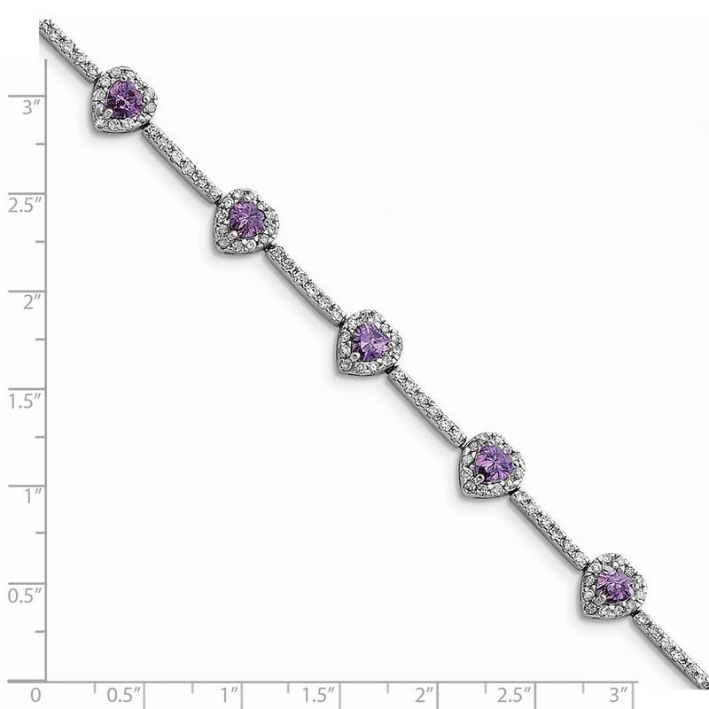 Curata 925 Sterling Silver Polished Safety bar Box Catch Closure Amethyst and Clear CZ Cubic Zirconia Simulated Diamond Love