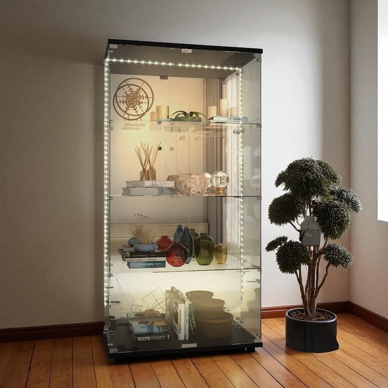 65" Tempered Glass Display Cabinet with Mirror Back, Bluetooth LED Lights, Lockable Doors, Liquor & Storage Cabinet - Black