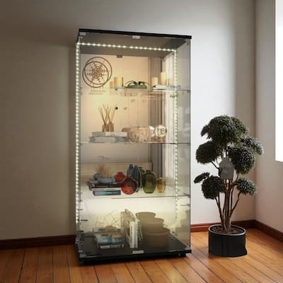 65" Tempered Glass Display Cabinet with Mirror Back, Bluetooth LED Lights, Lockable Doors, Liquor & Storage Cabinet