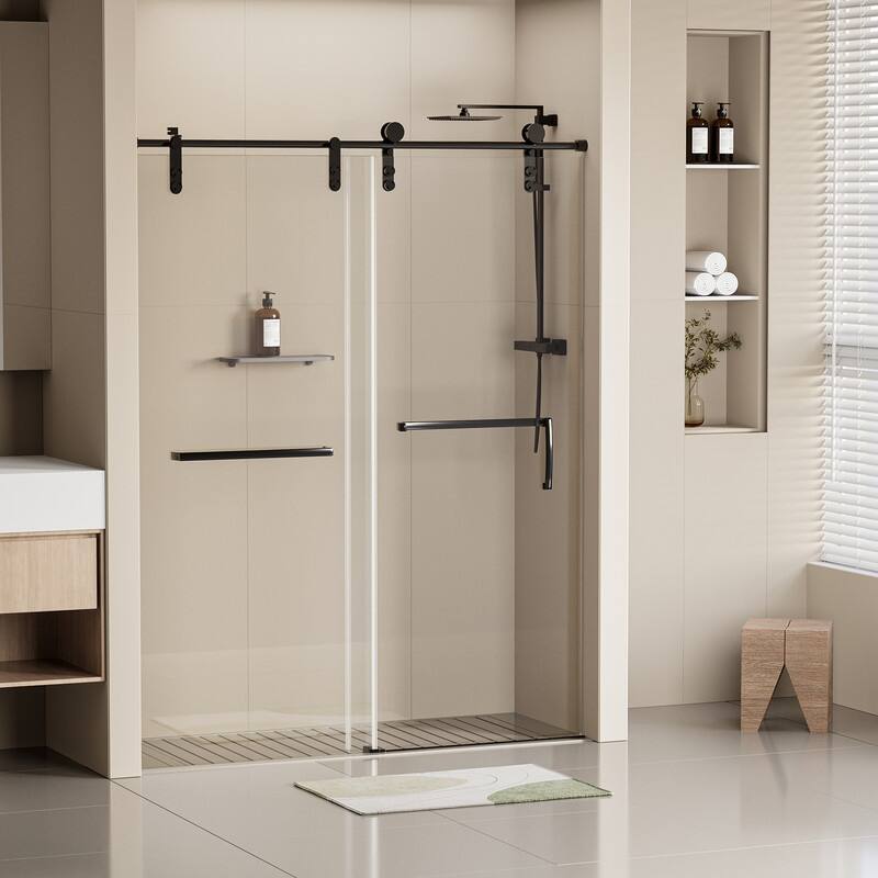 56-60" W x 76" H Single Sliding Frameless Shower Door with 5/16" (8mm) Tempered Glass & Dual Towel Bars