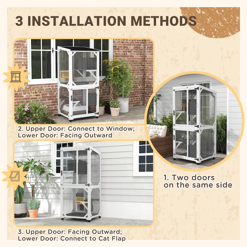 PawHut Wooden Catio with Waterproof Roof, Large Cat House with High-Up Resting Box, Indoor & Outdoor Cat Enclosure with Wheels