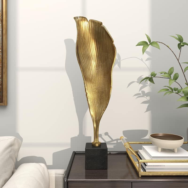 Gold Aluminum Metal Textured Leaf Abstract Sculpture with Black Marble Base
