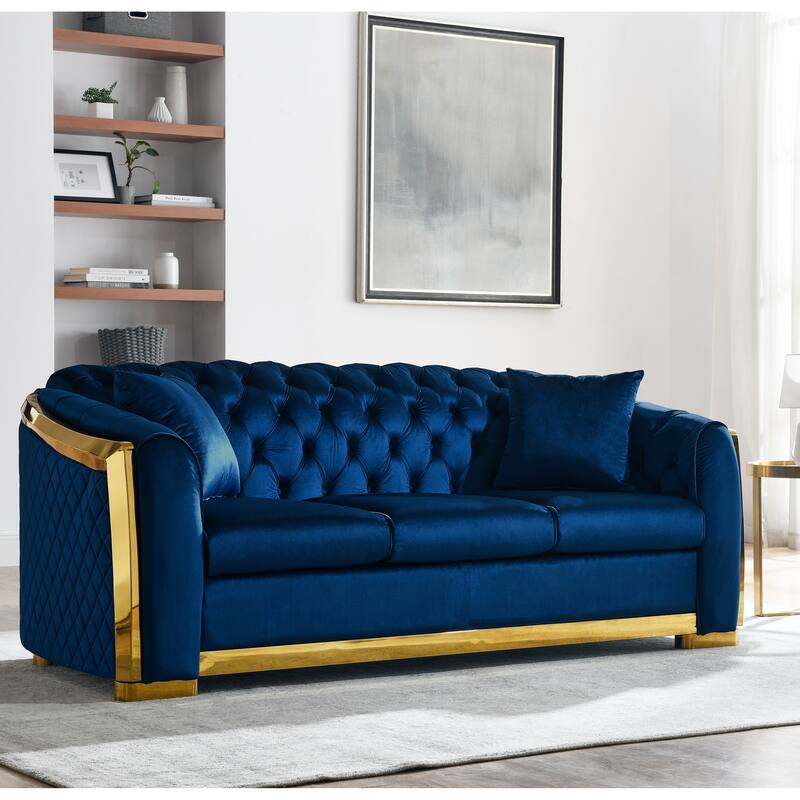High-End European Design Velvet Chesterfield Sofa with Gold Stainless Steel Legs - 3-Seat Couch