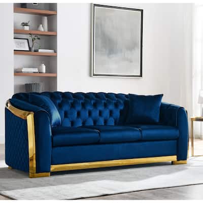 Velvet Chesterfield Sofa Set - 3-Seat Tufted Couch with Gold Stainless for Living Room