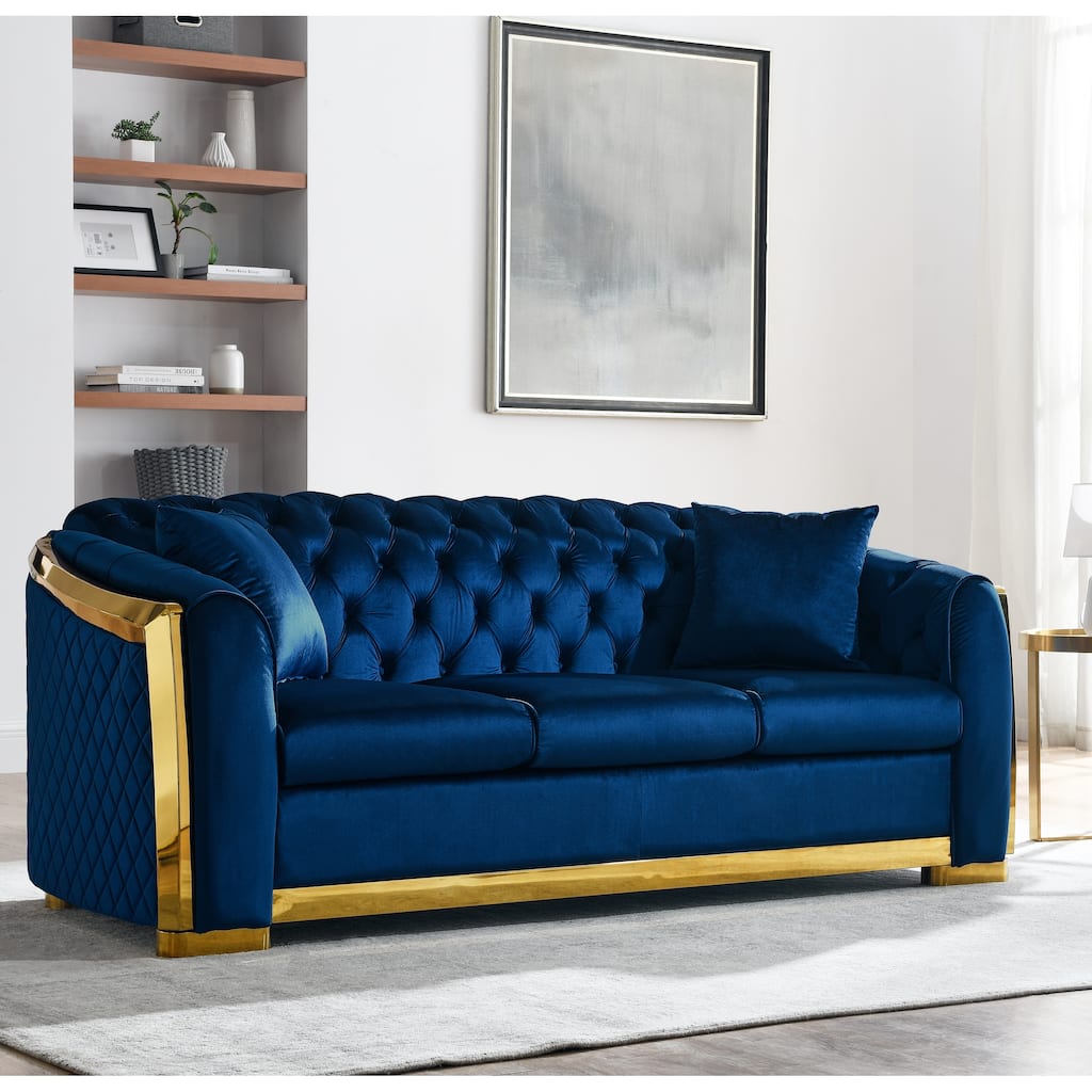 Velvet Luxury Chesterfield Sofa Set, 84 Inches Tufted 3 Seat Couch with Gold Stainless for Living Room, Navy Blue Fabric