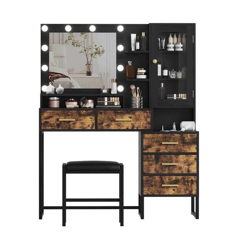 Vanity Desk with Mirror & LED Lights, Charging Station, 5 Drawers, Shelves & Stool
