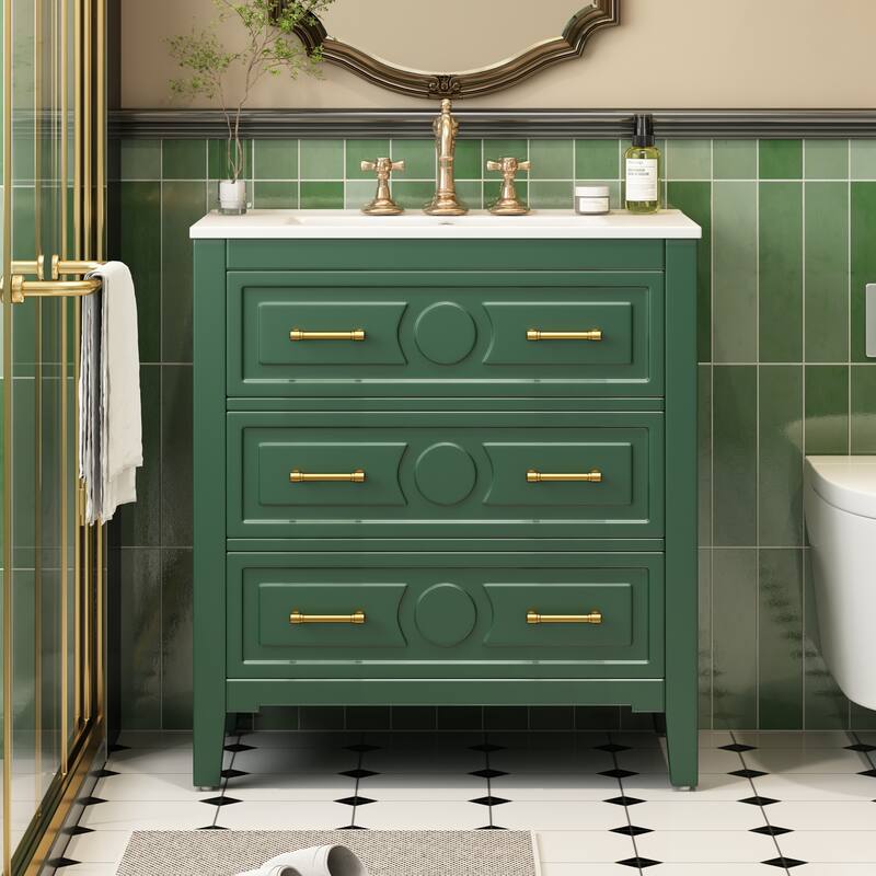 GDFStudio - Wimborne Retro Freestanding Bathroom Vanity with Ceramic Sink and 3 Storage Drawers - 30'W