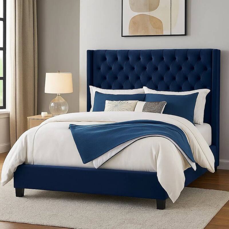 Hiu Queen Size Bed, Wingback Headboard, Navy Blue Velvet Like Upholstery