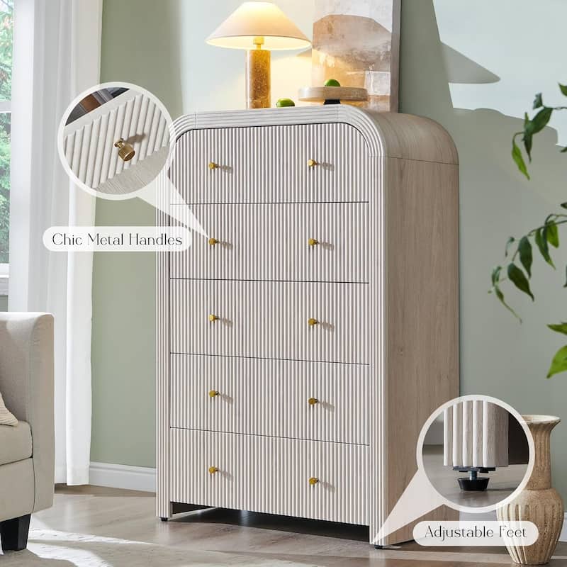 Modern Fluted 5 Drawers Dresser, Wood Chest of Drawers for Bedroom