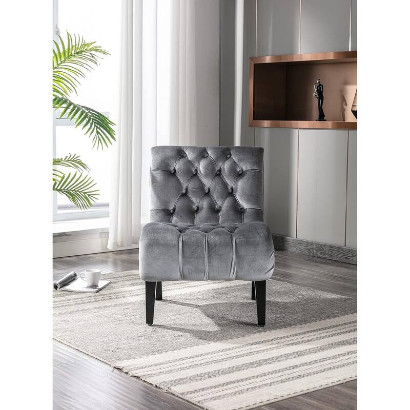 Roomfitters Velvet Armless Accent Chair, Upholstered Button Leisure Chair with Wood Legs for Living Room