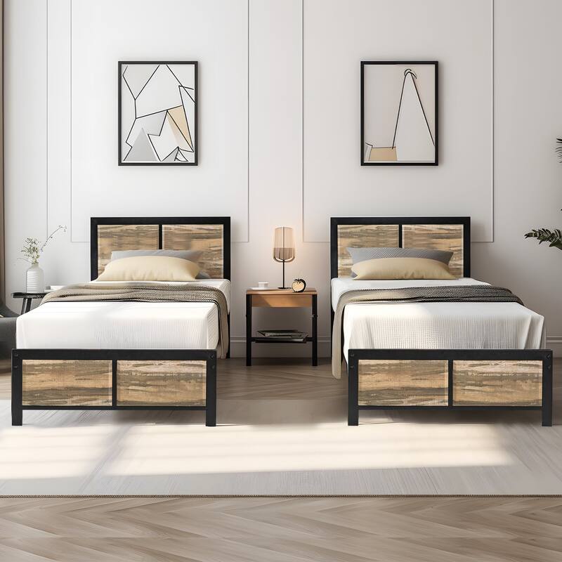 VECELO Set of 2 Platform Twin Beds 12.6" Elevated Storage Space MDF Partitioned Headboard & Footboard No Box Spring Needed - Slate
